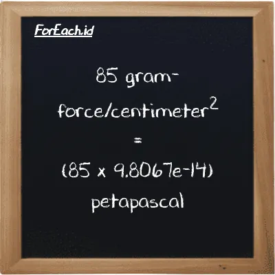How to convert gram-force/centimeter<sup>2</sup> to petapascal: 85 gram-force/centimeter<sup>2</sup> (gf/cm<sup>2</sup>) is equivalent to 85 times 9.8067e-14 petapascal (PPa)